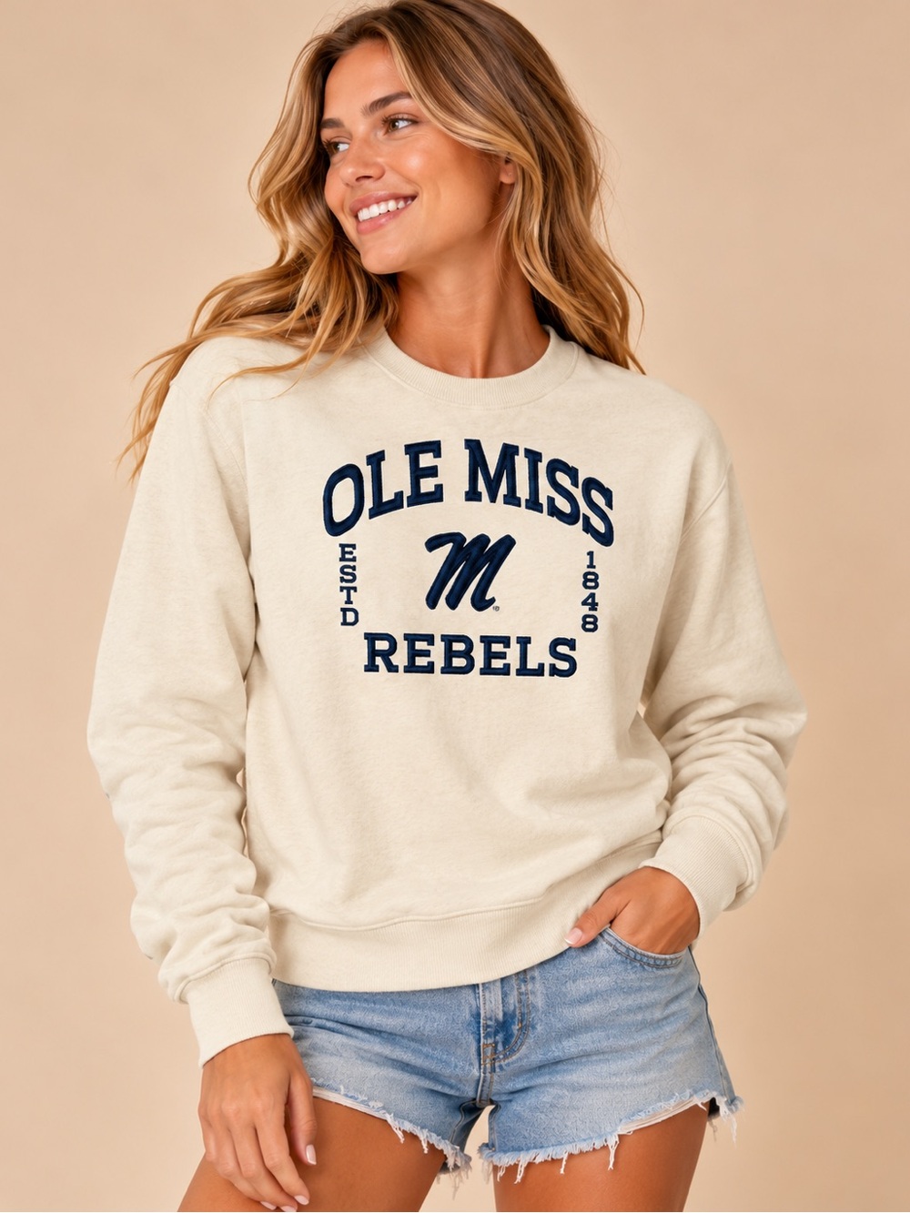 Ole Miss Rebels Cream Crewneck Medium | SEC Game Day Collegiate Preppy